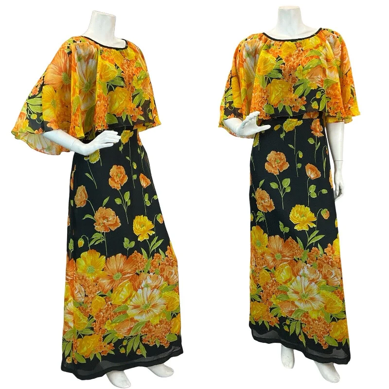 "Mermaid - style wedding dresses for women for a dramatic look"VTG 60s 70s CAPE SLEEVE ORANGE YELLOW GREEN BLACK FLORAL MAXI DRESS 10 12