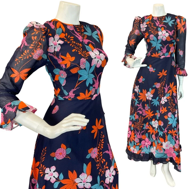 "Mother of the groom dresses for women in sophisticated designs"VTG 60s 70s NAVY ORANGE PINK MULTICOLOUR FLOUNCE RUFFLE SLEEVE MAXI DRESS "Mother of the groom dresses for women in sophisticated designs"VTG 60s 70s NAVY ORANGE PINK MULTICOLOUR FLOUNCE RUFFLE SLEEVE MAXI DRESS