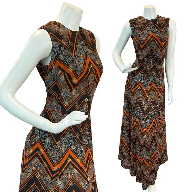 "Beach wedding dresses for women for a laid - back ceremony"VTG 60S 70S ORANGE BLACK PAISLEY CHEVRON STRIPED FORMAL MAXI DRESS 12 "Beach wedding dresses for women for a laid - back ceremony"VTG 60S 70S ORANGE BLACK PAISLEY CHEVRON STRIPED FORMAL MAXI DRESS 12