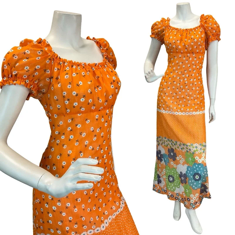 "Trendy casual dresses for women to wear at the beach"VTG 60s 70s ORANGE DAISY PSYCH RETRO FLORAL PRINT PUFF SLEEVE MAXI DRESS 8 10 "Trendy casual dresses for women to wear at the beach"VTG 60s 70s ORANGE DAISY PSYCH RETRO FLORAL PRINT PUFF SLEEVE MAXI DRESS 8 10