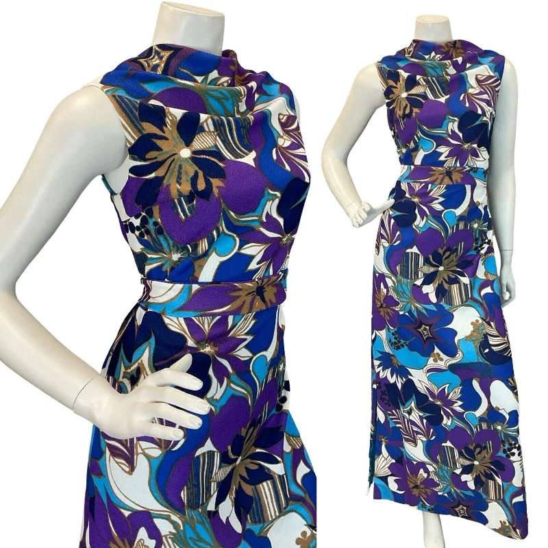 "Sequined dresses for women to shine at parties"VTG 60S 70S PSYCHEDELIC BLUE PURPLE WHITE FLORAL PARTY MAXI DRESS 8 10 "Sequined dresses for women to shine at parties"VTG 60S 70S PSYCHEDELIC BLUE PURPLE WHITE FLORAL PARTY MAXI DRESS 8 10