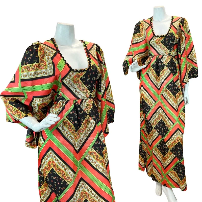 "Sequined dresses for women to shine at parties"VTG 60S 70S PSYCHEDELIC PAISLEY KAFTAN MAXI DRESS RED GREEN BLACK YELLOW 10-12 "Sequined dresses for women to shine at parties"VTG 60S 70S PSYCHEDELIC PAISLEY KAFTAN MAXI DRESS RED GREEN BLACK YELLOW 10-12