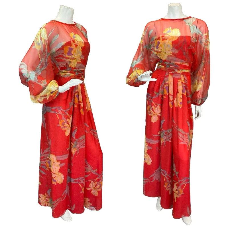 "Polka dot dresses for women with a retro vibe"VTG 60S 70S RED ORANGE FLORAL PRINT BISHOP SLEEVE FLOATY MAXI DRESS 8 10