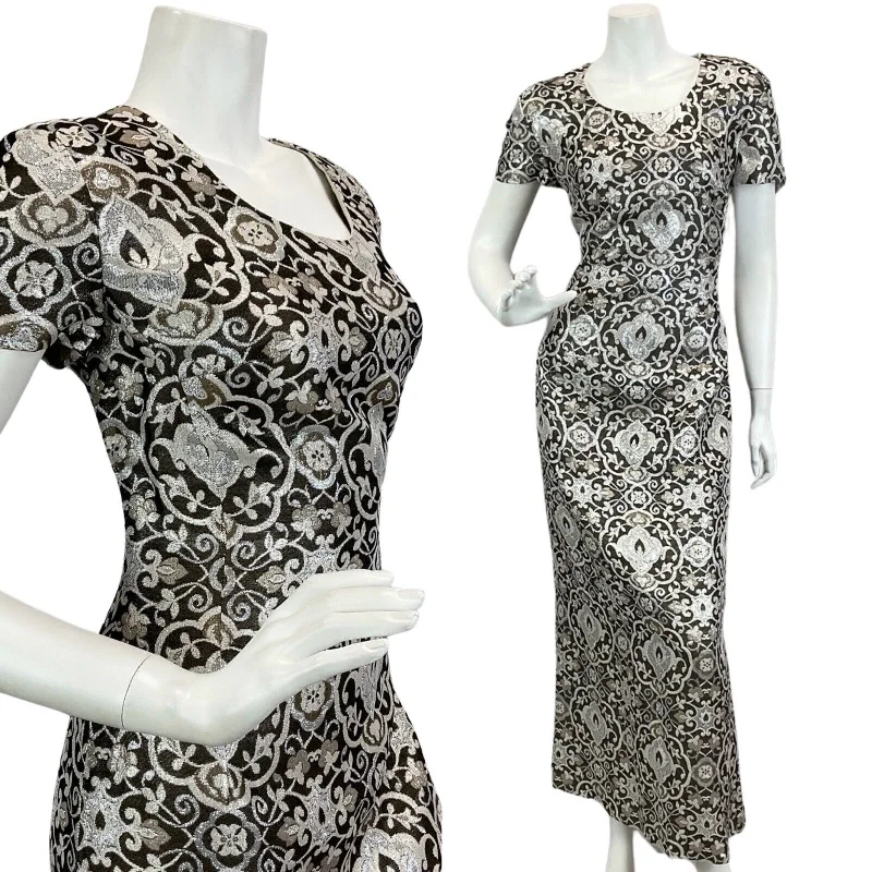 "Bohemian - style women's dresses for music festivals"VTG 60s 70s SILVER METALLIC FLORAL PRINT DISCO PARTY EVENING MAXI DRESS 14 16 "Bohemian - style women's dresses for music festivals"VTG 60s 70s SILVER METALLIC FLORAL PRINT DISCO PARTY EVENING MAXI DRESS 14 16