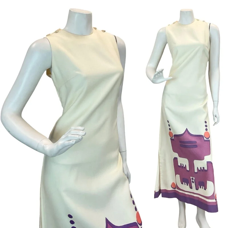"Sustainable and eco - friendly women's dresses"VTG 60S 70S TRIBAL AZTEC SHIFT DRESS CREAM PURPLE MAXI DRESS 10 12 "Sustainable and eco - friendly women's dresses"VTG 60S 70S TRIBAL AZTEC SHIFT DRESS CREAM PURPLE MAXI DRESS 10 12