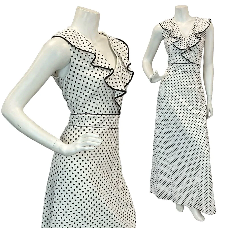 "Beaded dresses for women for a glamorous look"VTG 60s 70s WHITE BLACK POLKA DOT RUFFLE V-NECK MAXI DRESS 10 "Beaded dresses for women for a glamorous look"VTG 60s 70s WHITE BLACK POLKA DOT RUFFLE V-NECK MAXI DRESS 10