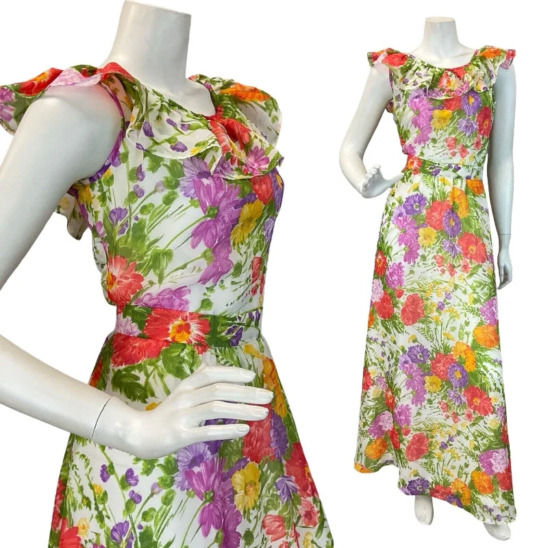 "Hurry! Limited Stock - Get Your Dream Dress with a Special Discount"VTG 60s 70s WHITE BRIGHT MULTICOLOUR FLORAL RUFFLE NECK SUMMER MAXI DRESS 10 12 "Hurry! Limited Stock - Get Your Dream Dress with a Special Discount"VTG 60s 70s WHITE BRIGHT MULTICOLOUR FLORAL RUFFLE NECK SUMMER MAXI DRESS 10 12