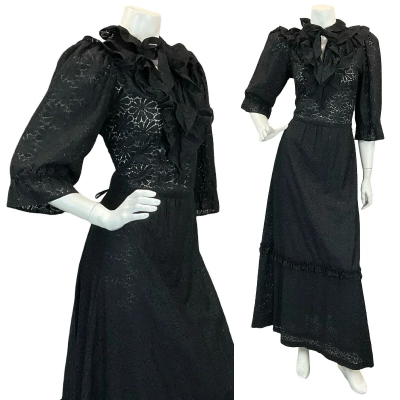 "Designer - inspired women's evening dresses"VTG 70S BLACK GOTHIC PRAIRIE LACE RUFFLE MAXI DRESS 8 10 "Designer - inspired women's evening dresses"VTG 70S BLACK GOTHIC PRAIRIE LACE RUFFLE MAXI DRESS 8 10