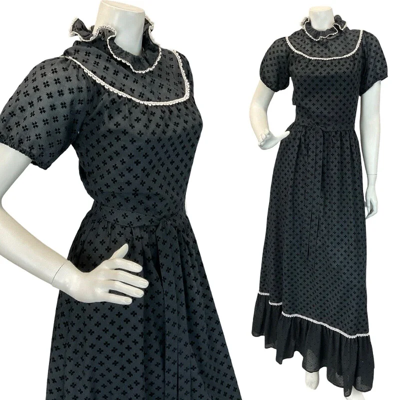 "Exclusive Discount: 30% Off All Women's Dresses for a Limited Period"VTG 70S BLACK WHITE GOTHIC PRAIRIE FOLK VELVET LACE MAXI DRESS 6 8 "Exclusive Discount: 30% Off All Women's Dresses for a Limited Period"VTG 70S BLACK WHITE GOTHIC PRAIRIE FOLK VELVET LACE MAXI DRESS 6 8
