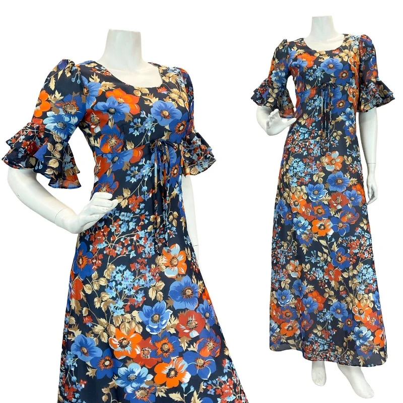 "Mini dresses for women for a youthful and trendy look"VTG 70S BLUE ORANGE FLORAL BELL SLEEVE EMPIRE MAXI DRESS 8 "Mini dresses for women for a youthful and trendy look"VTG 70S BLUE ORANGE FLORAL BELL SLEEVE EMPIRE MAXI DRESS 8