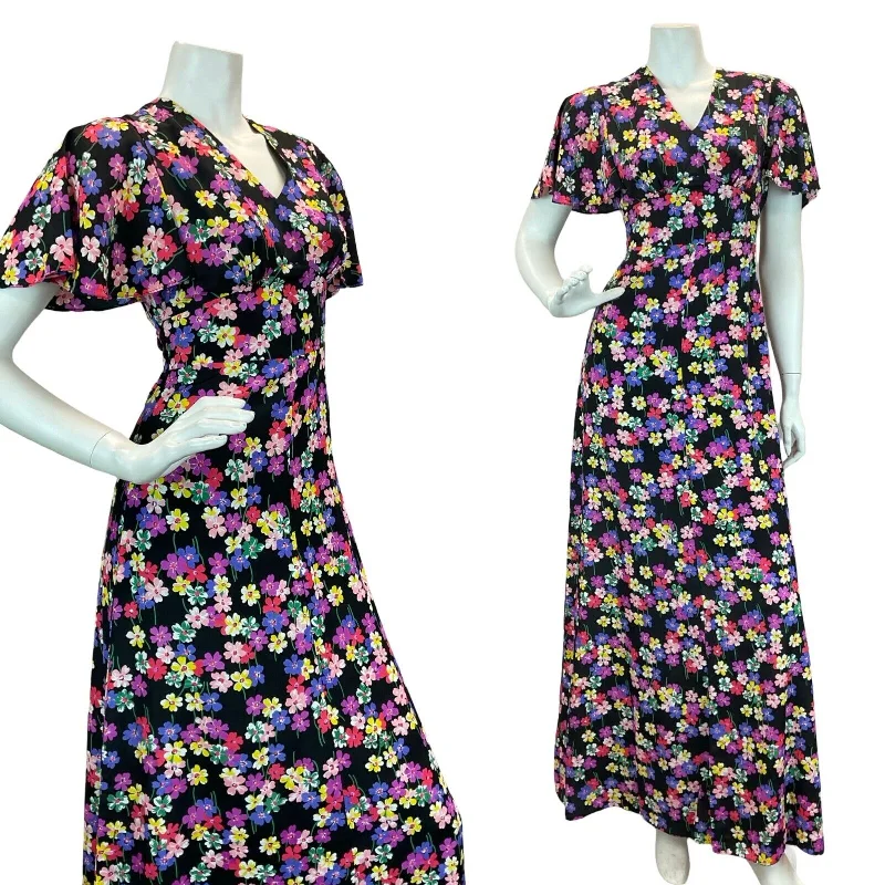 "Ruffled dresses for women for added femininity"VTG 70S BUTTERFLY SLEEVE FLORAL MAXI DRESS BLACK PINK PURPLE GREEN YELLOW 8 "Ruffled dresses for women for added femininity"VTG 70S BUTTERFLY SLEEVE FLORAL MAXI DRESS BLACK PINK PURPLE GREEN YELLOW 8