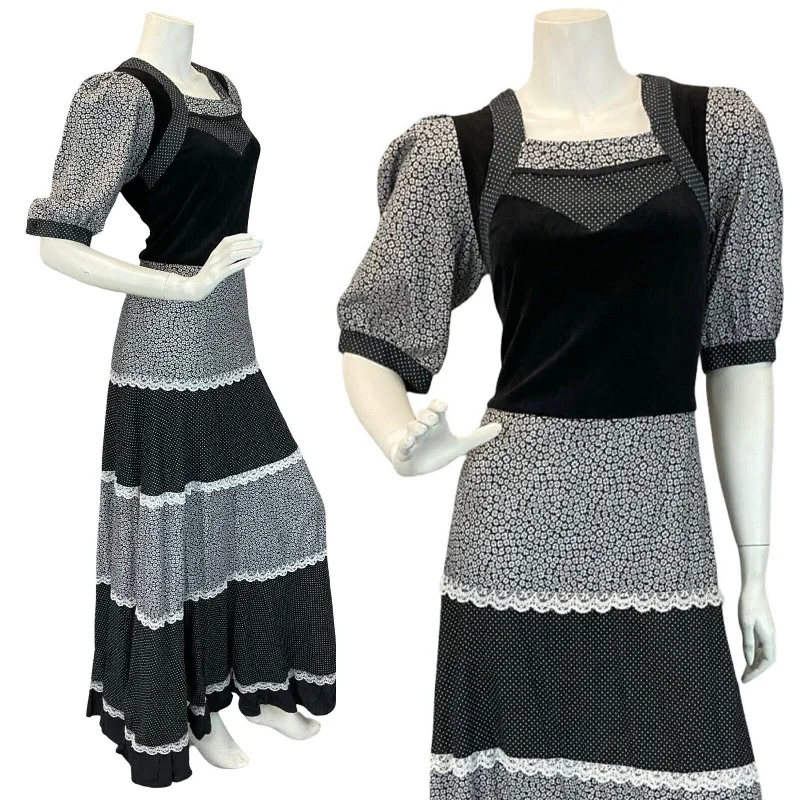 "Lace dresses for women for a romantic and elegant look"VTG 70S COTTON COTTAGECORE PRAIRIE POLKA DOT  MAXI DRESS VELVET BLACK WHITE 8 10