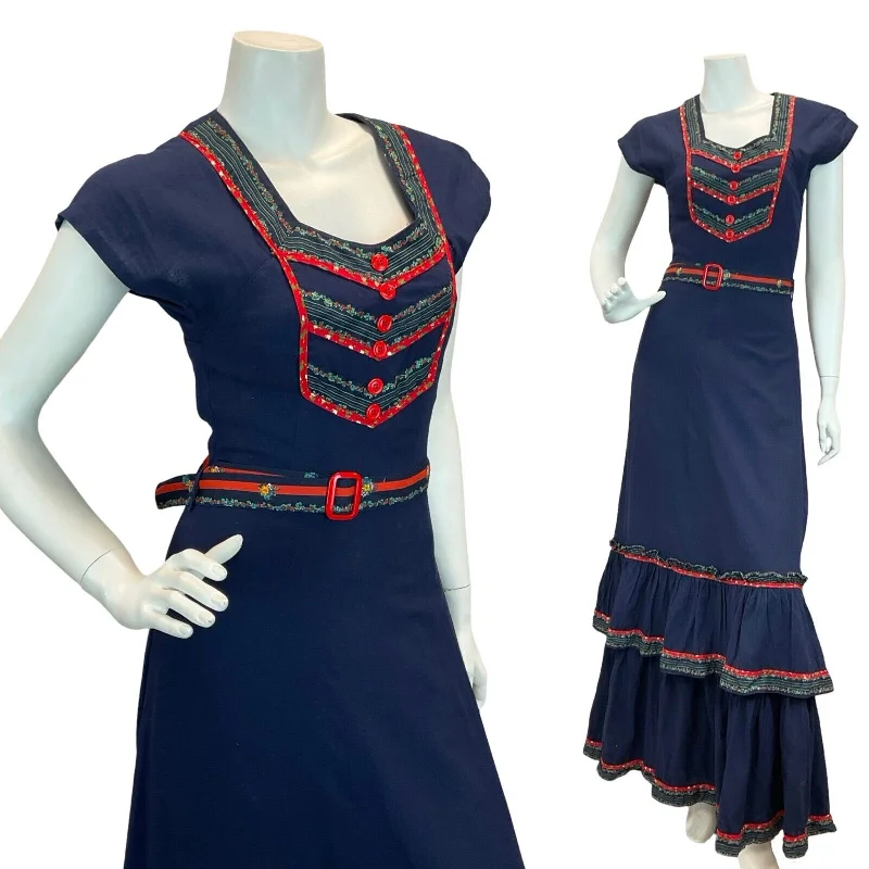 "Trendy casual dresses for women to wear at the beach"VTG 70S COTTON PRAIRIE COTTAGECORE NAVY BLUE FLORAL FOLK MAXI DRESS 6 "Trendy casual dresses for women to wear at the beach"VTG 70S COTTON PRAIRIE COTTAGECORE NAVY BLUE FLORAL FOLK MAXI DRESS 6
