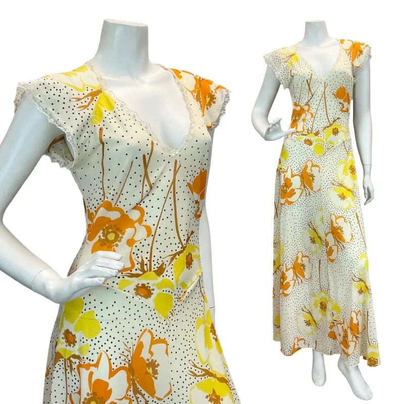 "Floral print dresses for women for a feminine look"VTG 70S CREAM ORANGE YELLOW FLORAL SUMMER SUN SHEER MAXI DRESS 8 10 "Floral print dresses for women for a feminine look"VTG 70S CREAM ORANGE YELLOW FLORAL SUMMER SUN SHEER MAXI DRESS 8 10