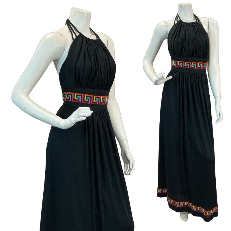 "Stylish cocktail dresses for women on a budget"VTG 70S DISCO SUMMER BLACK MULTICOLOUR EMBROIDERED HALTERNECK MAXI DRESS 4