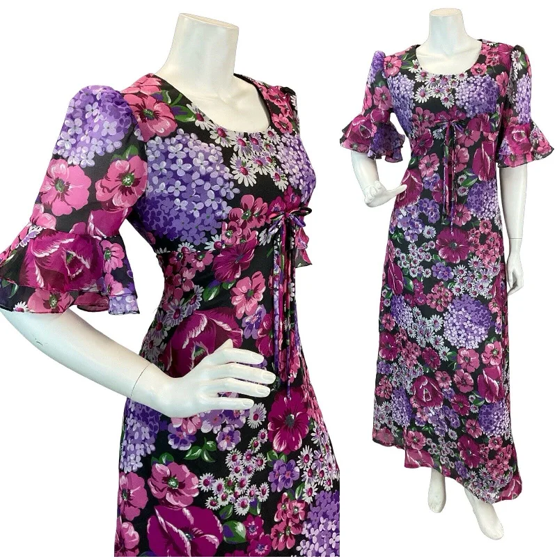 "Floral print dresses for women for a feminine look"VTG 70S FLORAL BELL SLEEVE RUFFLE MAXI DRESS PINK PURPLE WHITE BLACK 10 12 "Floral print dresses for women for a feminine look"VTG 70S FLORAL BELL SLEEVE RUFFLE MAXI DRESS PINK PURPLE WHITE BLACK 10 12