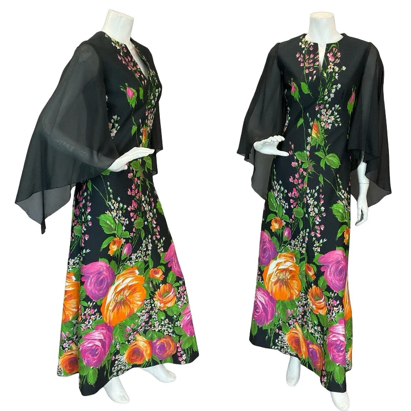 "Plus size formal dresses for women for special events"VTG 70S FLORAL CAPE SLEEVE MAXI DRESS WEDDING BLACK GREEN PINK ORANGE 6 8 "Plus size formal dresses for women for special events"VTG 70S FLORAL CAPE SLEEVE MAXI DRESS WEDDING BLACK GREEN PINK ORANGE 6 8