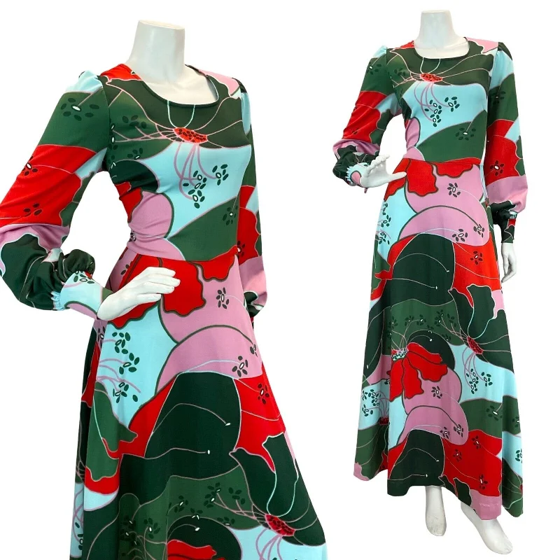 "Sequined dresses for women to shine at parties"VTG 70S GLAM ABSTRACT FLORAL PARTY MAXI DRESS GREEN BLUE PINK RED 12 14 16 "Sequined dresses for women to shine at parties"VTG 70S GLAM ABSTRACT FLORAL PARTY MAXI DRESS GREEN BLUE PINK RED 12 14 16