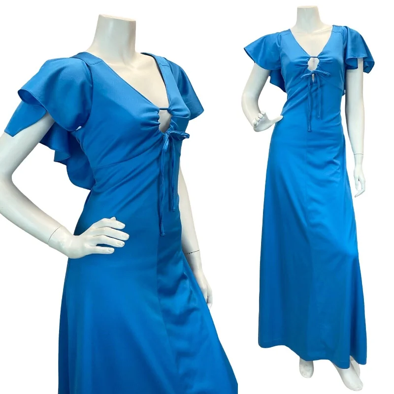 "Stylish cocktail dresses for women on a budget"VTG 70S GLAM BLUE FLUTTER SLEEVE BACKLESS RUFFLE MAXI DRESS 10