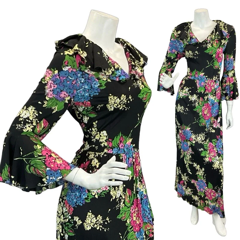 "Midi dresses for women with unique patterns"VTG 70S HYDRANGEA FLORAL BLACK PINK BLUE MAXI DRESS 8 10 "Midi dresses for women with unique patterns"VTG 70S HYDRANGEA FLORAL BLACK PINK BLUE MAXI DRESS 8 10