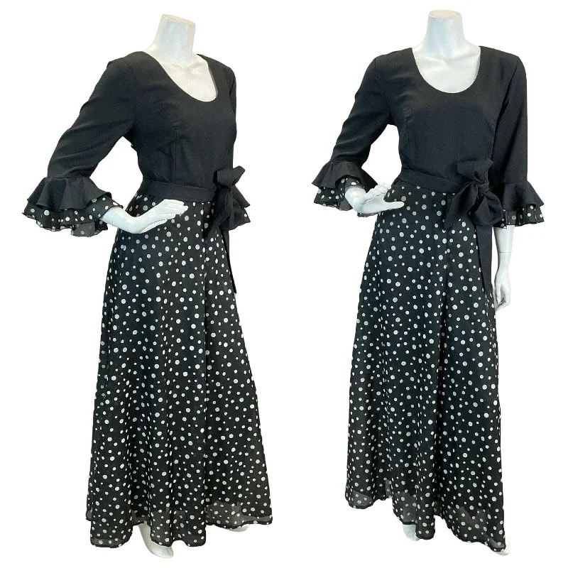 "Work - appropriate dresses for professional women"VTG 70S POLKA DOT FLAMENCO RUFFLE MAXI DRESS BLACK WHITE 10 12 "Work - appropriate dresses for professional women"VTG 70S POLKA DOT FLAMENCO RUFFLE MAXI DRESS BLACK WHITE 10 12