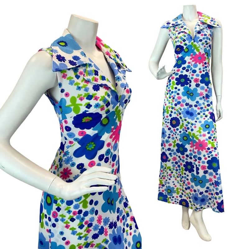"Sleeveless dresses for women during hot summer days"VTG 70S POP ART PSYCHEDELIC FLORAL DAGGER COLLAR MAXI DRESS PINK BLUE GREEN 10 "Sleeveless dresses for women during hot summer days"VTG 70S POP ART PSYCHEDELIC FLORAL DAGGER COLLAR MAXI DRESS PINK BLUE GREEN 10