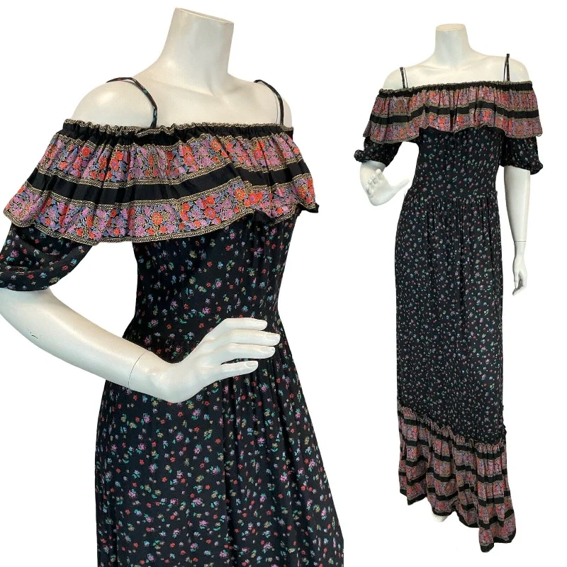 "Denim dresses for women for a casual and cool style"VTG 70s PRAIRIE COTTAGECORE BLACK MULTICOLOUR RUFFLE NECK MAXI DRESS 8 "Denim dresses for women for a casual and cool style"VTG 70s PRAIRIE COTTAGECORE BLACK MULTICOLOUR RUFFLE NECK MAXI DRESS 8