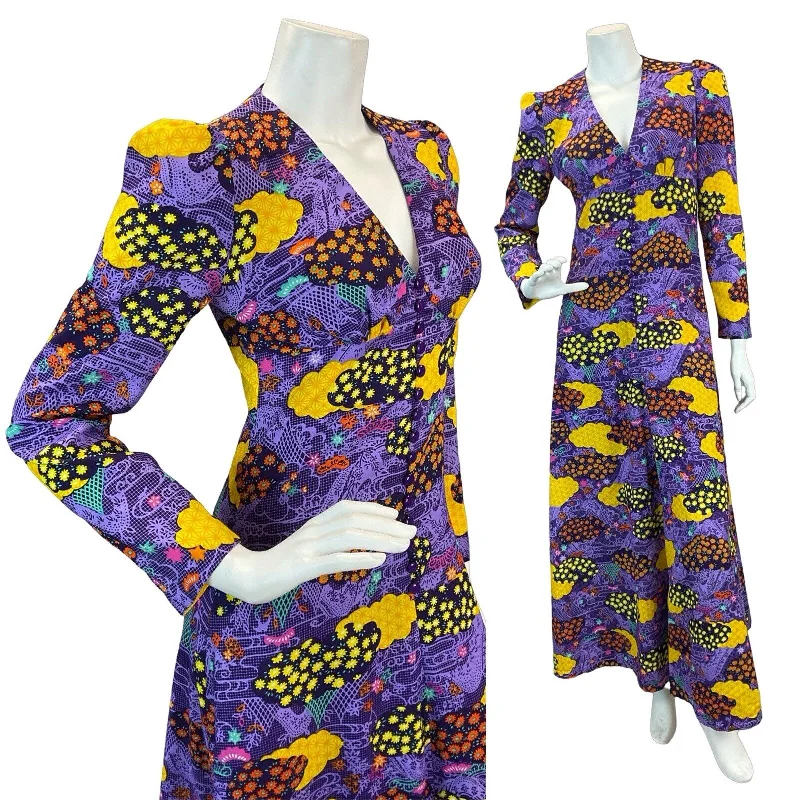 "Stylish cocktail dresses for women on a budget"VTG 70S PSYCHEDELIC PURPLE YELLOW BLACK HIPPY GLAM FESTIVAL MAXI DRESS 8 10