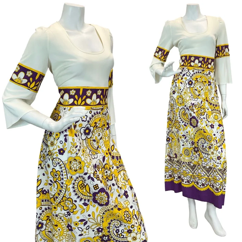 "A - line dresses for women to flatter the figure"VTG 70S PURPLE YELLOW WHITE HIPPY FESTIVAL PAISLEY FLORAL MAXI DRESS 8 10 "A - line dresses for women to flatter the figure"VTG 70S PURPLE YELLOW WHITE HIPPY FESTIVAL PAISLEY FLORAL MAXI DRESS 8 10