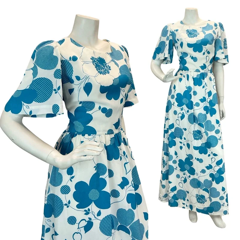 "Off - shoulder dresses for women to show off collarbones"VTG 70S SUMMER BLUE WHITE FLORAL WEDDING PARTY MAXI DRESS 10 "Off - shoulder dresses for women to show off collarbones"VTG 70S SUMMER BLUE WHITE FLORAL WEDDING PARTY MAXI DRESS 10