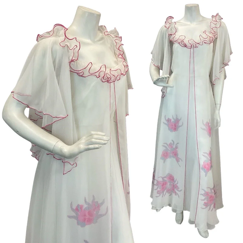 "T - shirt dresses for women for ultimate comfort"VTG 70s WHITE PINK FLORAL DETAIL ANGEL SLEEVE RUFFLE NECKLINE MAXI DRESS 10 "T - shirt dresses for women for ultimate comfort"VTG 70s WHITE PINK FLORAL DETAIL ANGEL SLEEVE RUFFLE NECKLINE MAXI DRESS 10