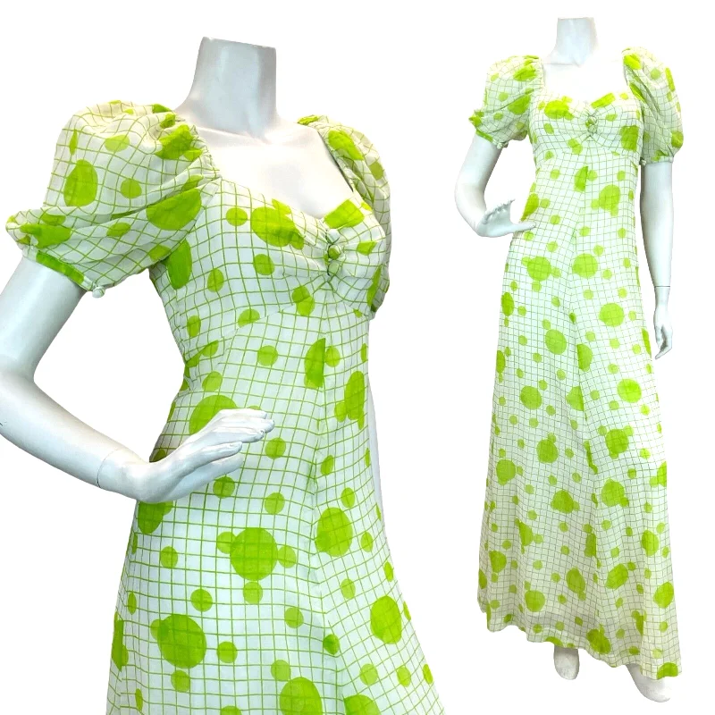"Bohemian - style women's dresses for music festivals"VTG GLAM FESTIVAL LINEN WHITE GREEN GRID DOT EMPIRE MAXI DRESS 8 "Bohemian - style women's dresses for music festivals"VTG GLAM FESTIVAL LINEN WHITE GREEN GRID DOT EMPIRE MAXI DRESS 8