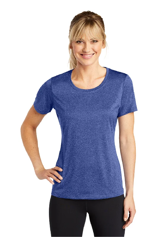 Women's T - shirt with a metallic - colored buttonSport-Tek Womens Contender Heather Moisture Wicking Short Sleeve Crewneck T-Shirt - Heather Cobalt Blue