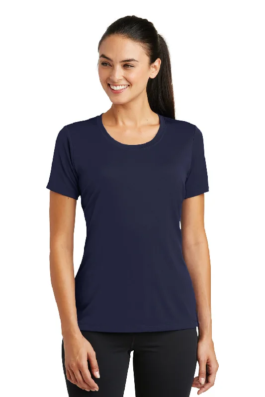 Cropped women's T - shirt with a pom - pom trimSport-Tek Womens Tough Moisture Wicking Short Sleeve Crewneck T-Shirt - True Navy Blue - Closeout Cropped women's T - shirt with a pom - pom trimSport-Tek Womens Tough Moisture Wicking Short Sleeve Crewneck T-Shirt - True Navy Blue - Closeout