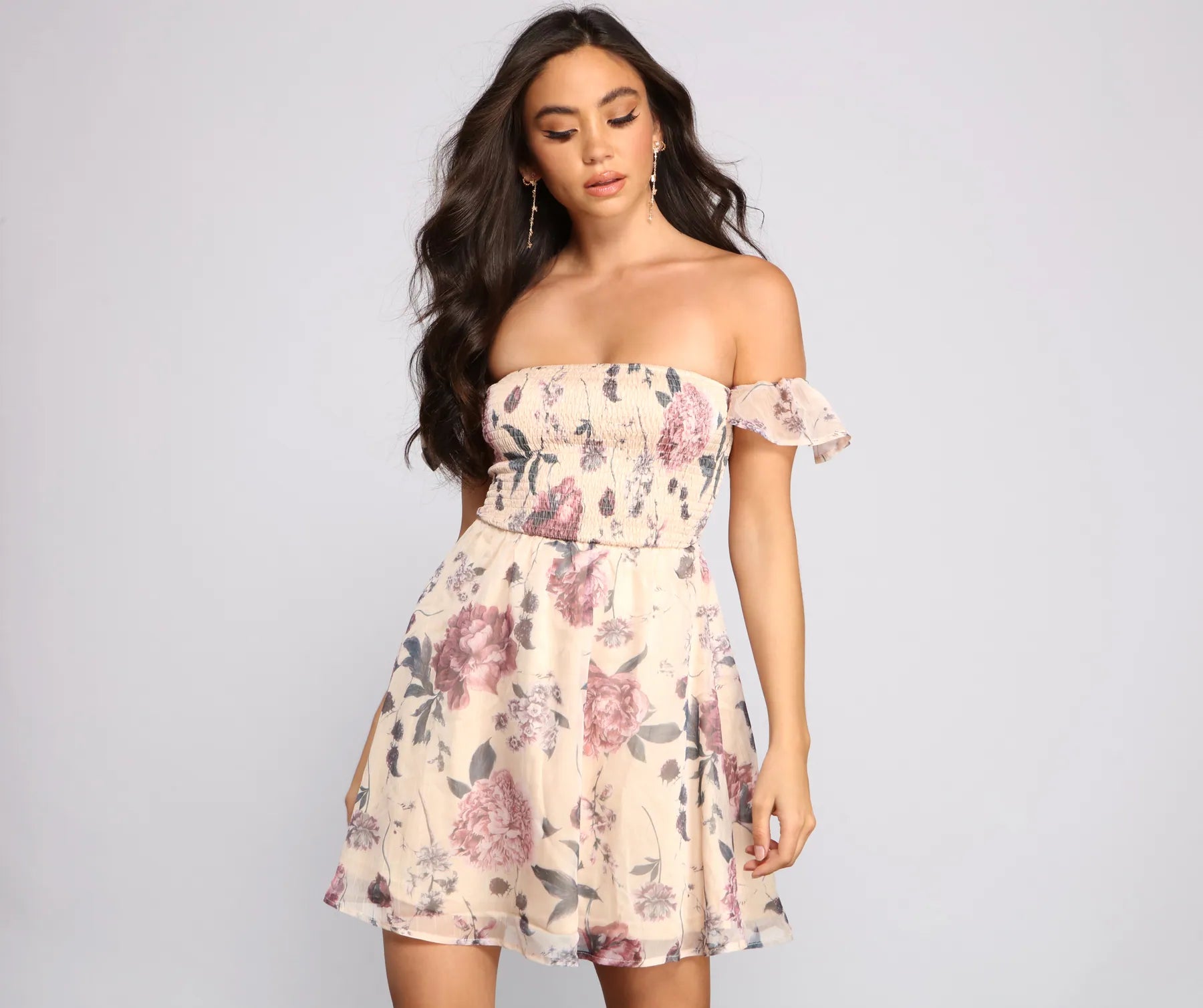 "Exclusive Discount: 30% Off All Women's Dresses for a Limited Period"Chic Floral Chiffon Off The Shoulder Mini Dress "Exclusive Discount: 30% Off All Women's Dresses for a Limited Period"Chic Floral Chiffon Off The Shoulder Mini Dress
