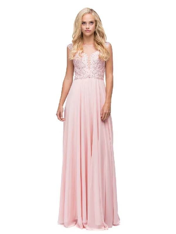 "Sleeveless dresses for women during hot summer days"Dancing Queen Bridal - 9826 Gilded Lace Illusion A-Line Prom Dress
