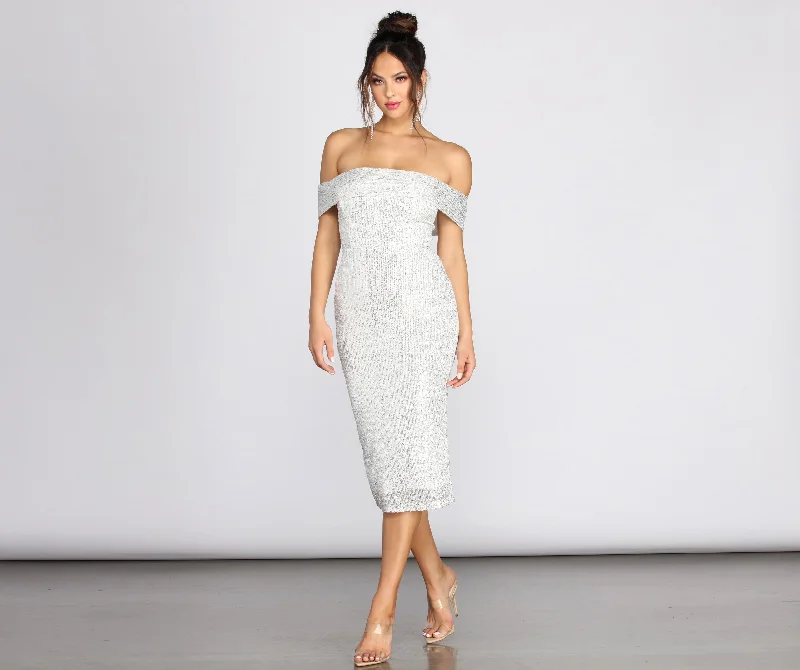 "Striped dresses for women with a classic touch"Desi Sequin Off Shoulder Midi Dress "Striped dresses for women with a classic touch"Desi Sequin Off Shoulder Midi Dress