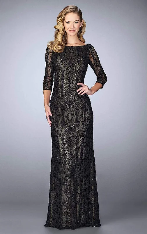 "Beach wedding dresses for women for a laid - back ceremony"La Femme - 24855 Quarter Sleeve Sheer Lace Evening Gown "Beach wedding dresses for women for a laid - back ceremony"La Femme - 24855 Quarter Sleeve Sheer Lace Evening Gown