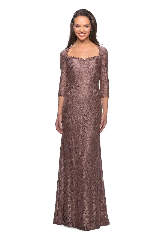 "Satin dresses for women for a luxurious appearance"La Femme - 26427 Floral Lace Sheer Quarter Sleeve Sheath Gown "Satin dresses for women for a luxurious appearance"La Femme - 26427 Floral Lace Sheer Quarter Sleeve Sheath Gown