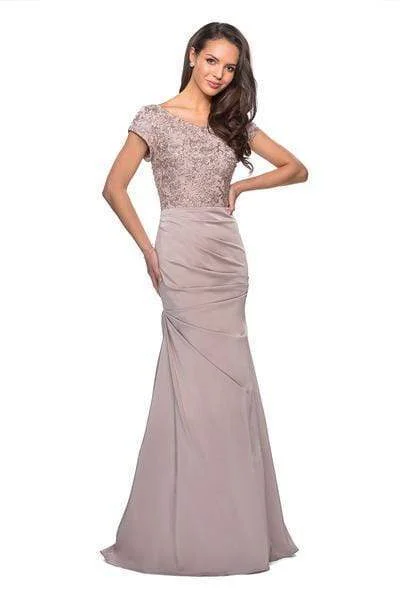 "Mini dresses for women for a youthful and trendy look"La Femme - 26806 Short Sleeve Embroidered Bodice Ruched Mermaid Gown "Mini dresses for women for a youthful and trendy look"La Femme - 26806 Short Sleeve Embroidered Bodice Ruched Mermaid Gown