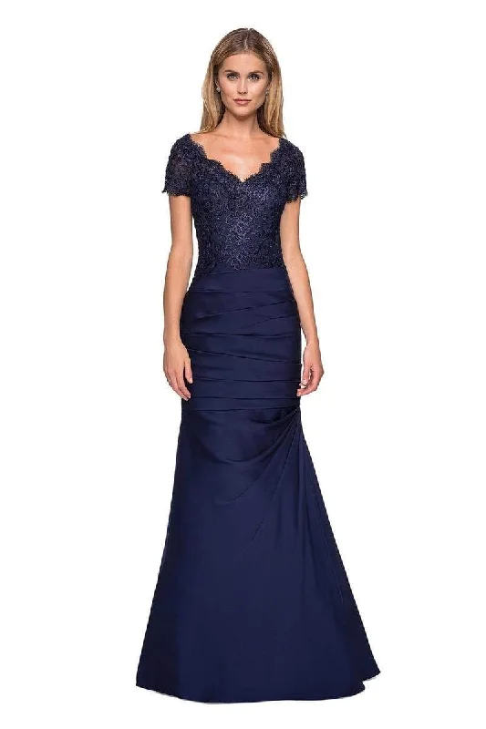 "Long sleeve dresses for women in cold weather"La Femme - 26979 Short Sleeve Lace Bodice Pleated Trumpet Gown "Long sleeve dresses for women in cold weather"La Femme - 26979 Short Sleeve Lace Bodice Pleated Trumpet Gown
