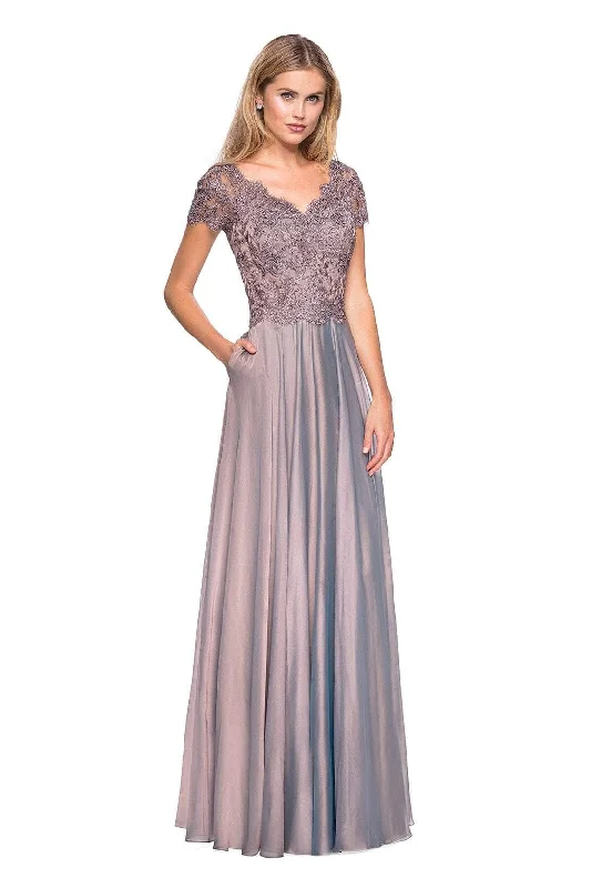 "Red dresses for women to make a bold statement"La Femme - 27098 Embordered Lace Bodice Chiffon A- Line Gown "Red dresses for women to make a bold statement"La Femme - 27098 Embordered Lace Bodice Chiffon A- Line Gown
