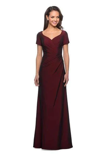 "Petite women's dresses with flattering fits"La Femme - 27855 Pleat-Ornate Short Sleeve A-Line Dress "Petite women's dresses with flattering fits"La Femme - 27855 Pleat-Ornate Short Sleeve A-Line Dress