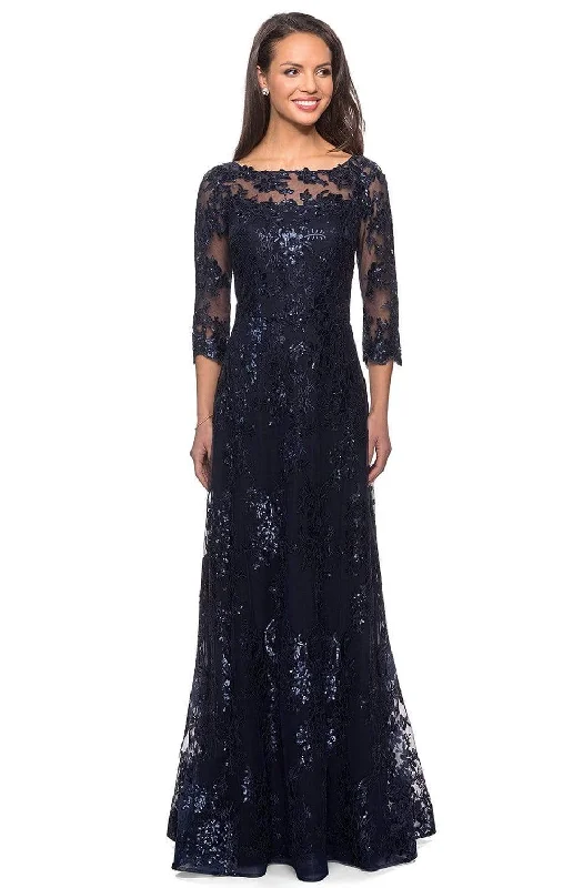 "Polka dot dresses for women with a retro vibe"La Femme - 27885 Lace Quarter Length Sleeve Bateau A-line Dress "Polka dot dresses for women with a retro vibe"La Femme - 27885 Lace Quarter Length Sleeve Bateau A-line Dress