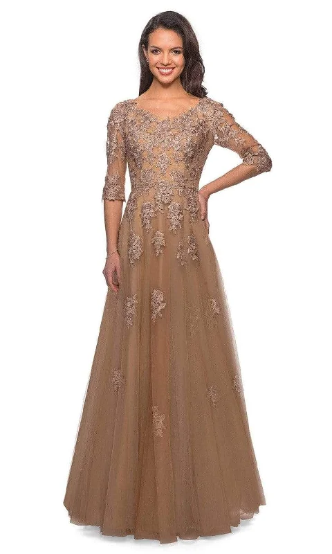 "Wrap dresses for women for an adjustable fit"La Femme - 27977 Embroidered Tulle A-line Floral Gown "Wrap dresses for women for an adjustable fit"La Femme - 27977 Embroidered Tulle A-line Floral Gown