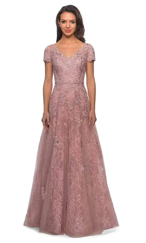 "Bohemian - style women's dresses for music festivals"La Femme - 28028 Lace Inset Embroidered A-line Gown "Bohemian - style women's dresses for music festivals"La Femme - 28028 Lace Inset Embroidered A-line Gown