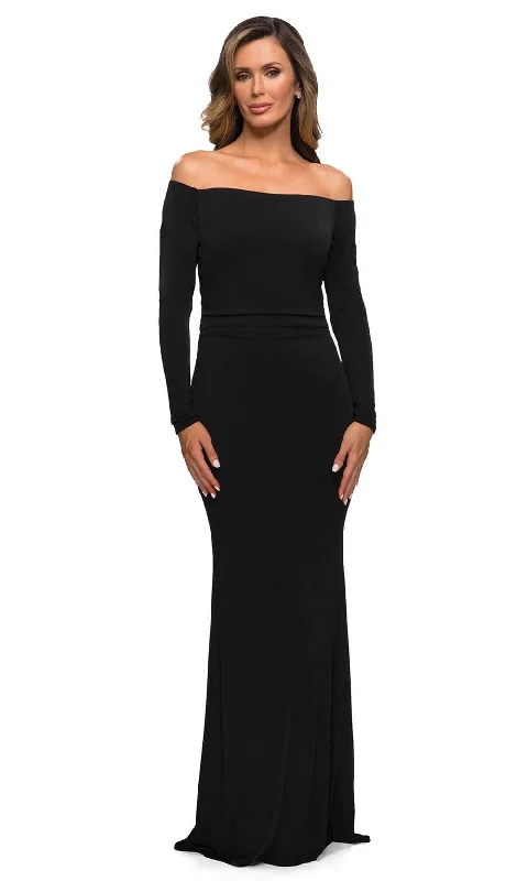 "Chiffon dresses for women with a flowy and light feel"La Femme - 28054 Off Shoulder Long Sleeves Dress "Chiffon dresses for women with a flowy and light feel"La Femme - 28054 Off Shoulder Long Sleeves Dress