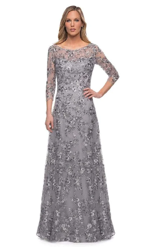 "Elegant wedding guest dresses for women under $100"La Femme - 29903 Floral Embroidered Sheer Sleeve Gown "Elegant wedding guest dresses for women under $100"La Femme - 29903 Floral Embroidered Sheer Sleeve Gown