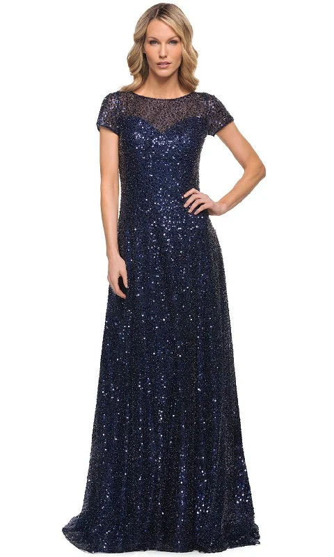 "Pleated dresses for women with a graceful movement"La Femme 30122 - Glimmering Short Sleeve Beaded Gown "Pleated dresses for women with a graceful movement"La Femme 30122 - Glimmering Short Sleeve Beaded Gown