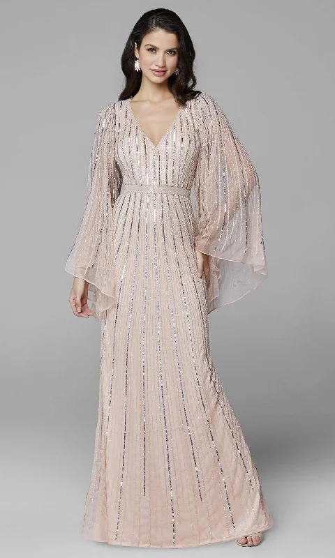 "Off - shoulder dresses for women to show off collarbones"Primavera Couture - 3672 Sequined Long Bell Sleeve Sheath Dress "Off - shoulder dresses for women to show off collarbones"Primavera Couture - 3672 Sequined Long Bell Sleeve Sheath Dress